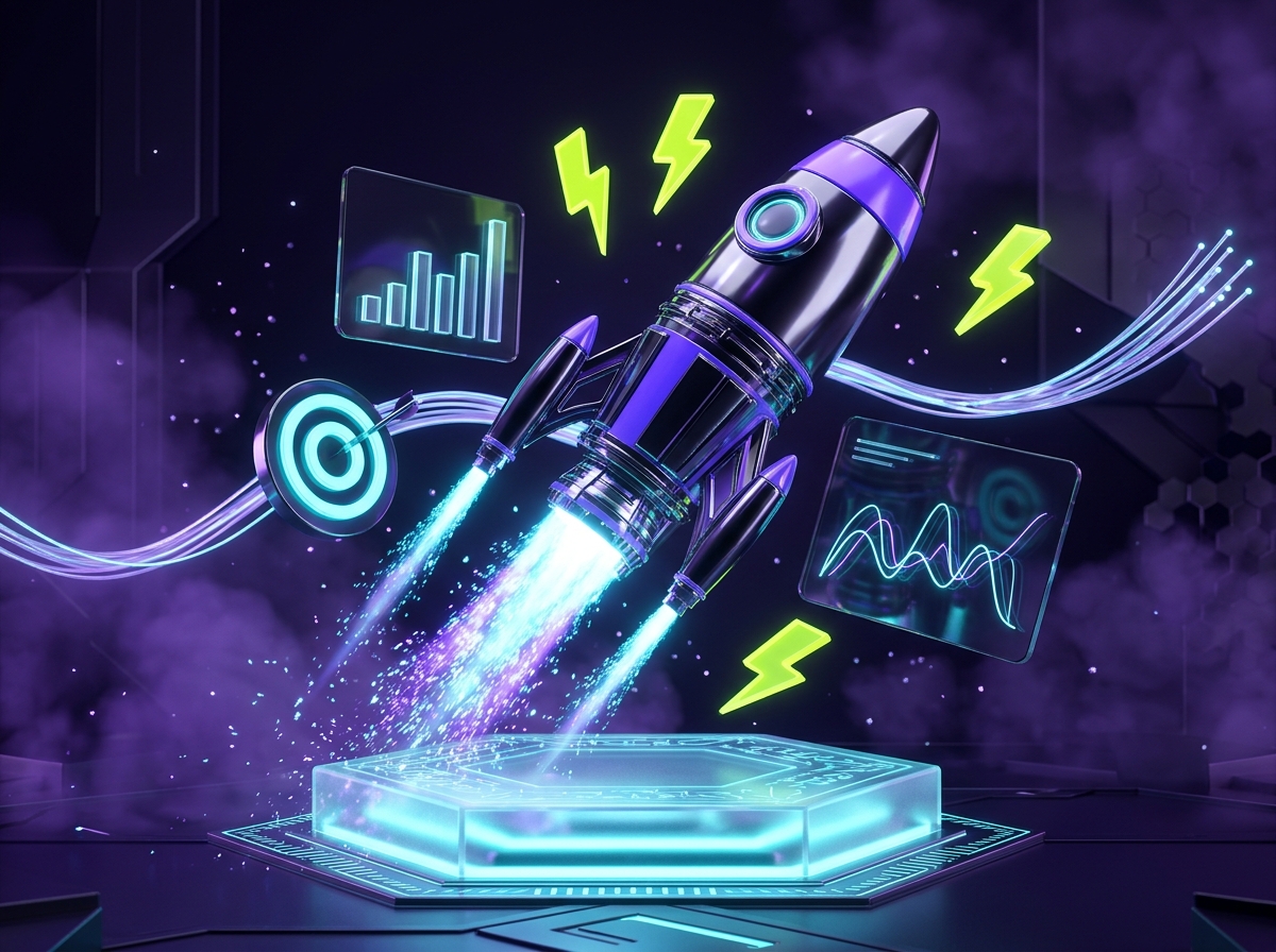 Foguete 3D e painéis analíticos representando o crescimento de vendas de Provedores de Internet com o Herms CMS