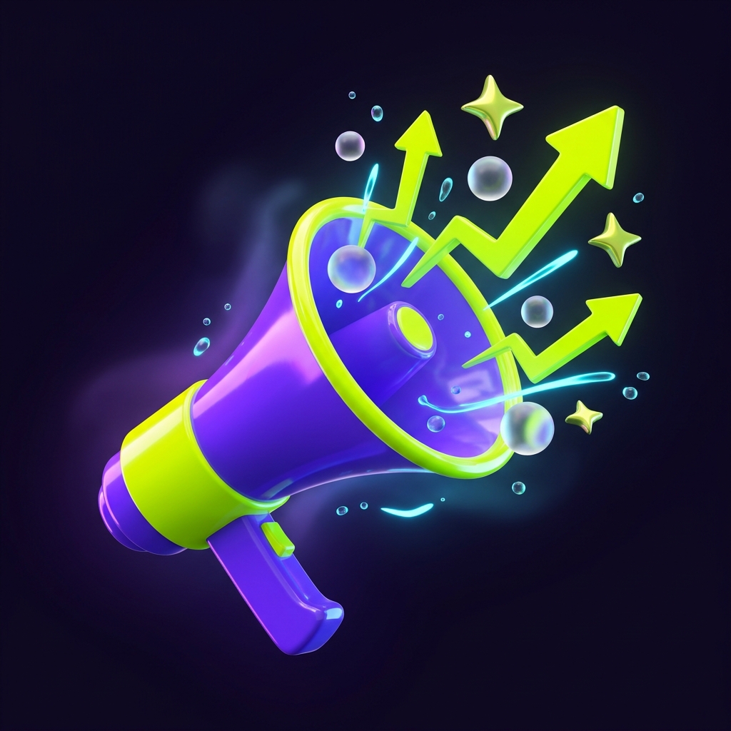 Ilustração 3D de megafone roxo e setas verde-lima representando aceleração de vendas