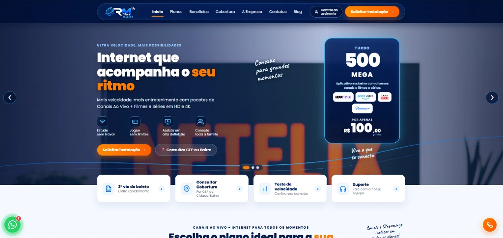 Screenshot real do site RM Fibra Telenet (rmfibra.com.br) desenvolvido pela Hexa Criativo